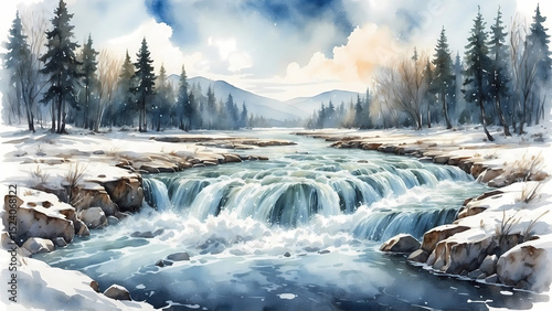 Snowy river flowing through forest landscape in winter  