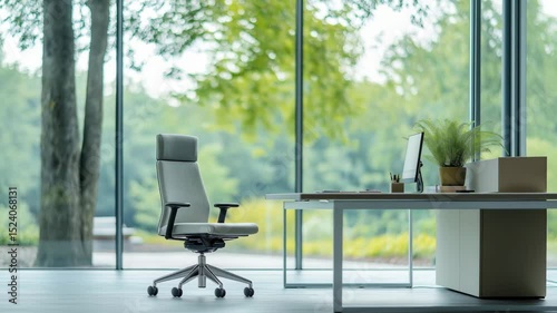 A bright office features large glass windows, an ergonomic chair, and a sleek desk with plants, surrounded by greenery outside