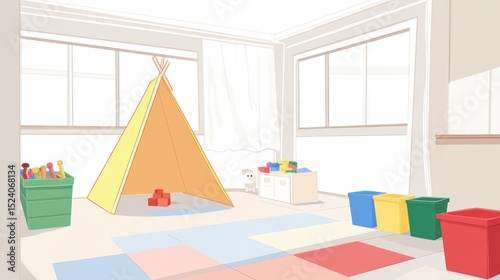 Bright cartoon playroom illustration with tent, blocks, and storage bins