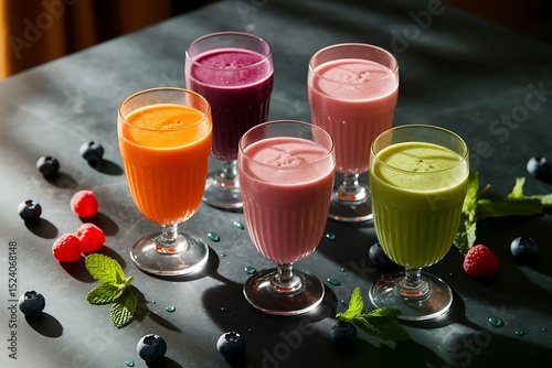 Five Vibrant Fruit and Vegetable Smoothies in Elegant Glassware