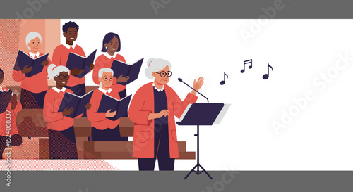 Senior choir performing with sheet music in a vibrant practice space  