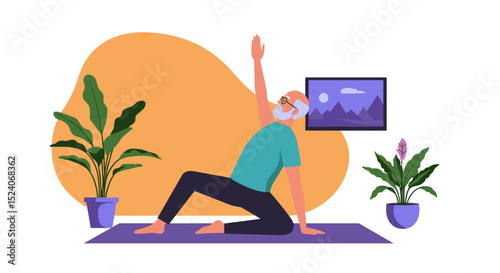 Senior man practicing yoga on mat in cozy indoor space  