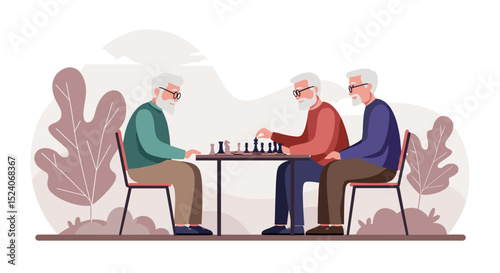 Three elderly men playing chess at a table in a park setting  