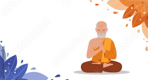Elderly monk meditating peacefully with colorful leaf background  