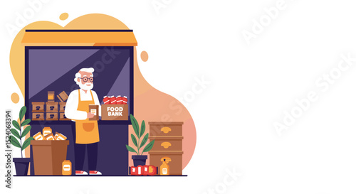 Elderly man selling goods in a small shop with colorful decor  