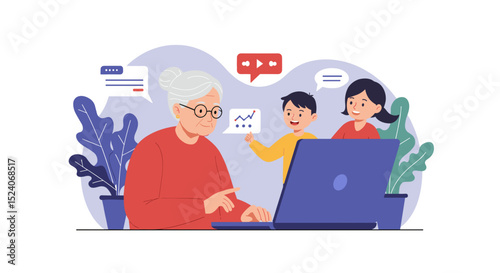 Elderly woman using laptop while children engage and communicate  