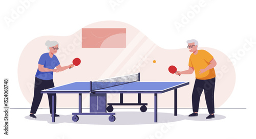 Senior couple playing table tennis in a recreational indoor space  