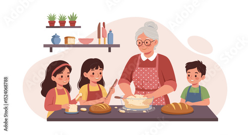 Grandmother baking bread with children in a cozy kitchen  