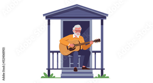 Elderly man playing guitar on porch of house in daytime  