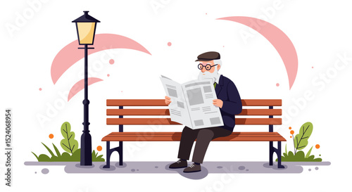 Elderly man reading newspaper while sitting on a park bench