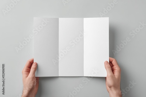 Blank tri-fold brochure held by hands