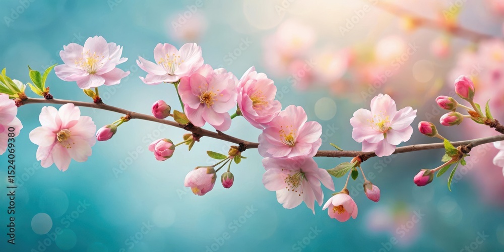 A delicate cherry blossom branch with soft pink petals unfolding its buds against a serene blue background, symbolizing new beginnings and growth , botanical illustration, nature A delicate cherry blossom branch with soft pink petals unfolding its buds against a serene blue background, symbolizing new beginnings and growth , botanical illustration, nature
