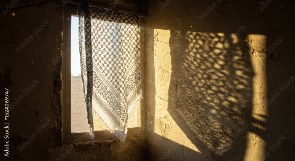 Obraz premium Sunlight streams through an old window with a keffiyeh for a curtain, casting intricate shadows on a rustic, peeling wall.