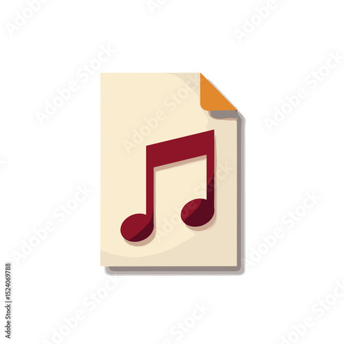 Music File Icon Illustration with Red Note on Beige Paper, Suitable for Audio and Media Applications