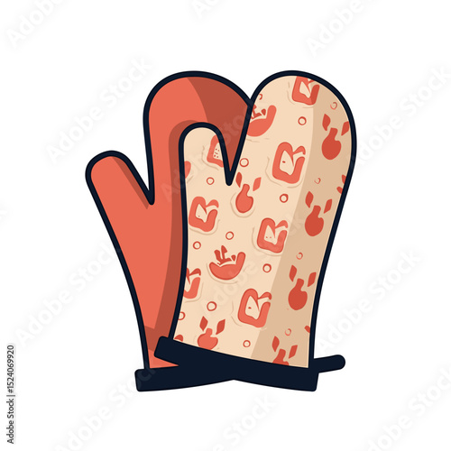 Illustration of Two Oven Mitts with One Red and One Patterned for Kitchen Safety