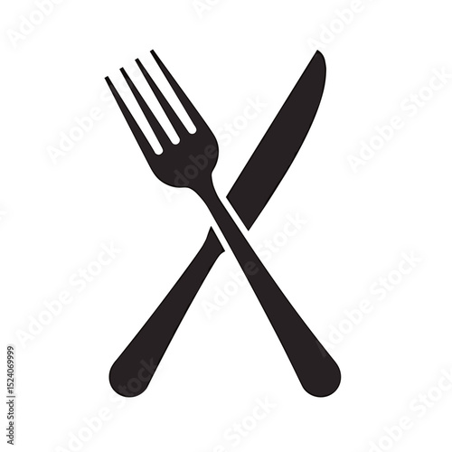 Simple Black and White Crossed Fork and Knife Cutlery Illustration for Restaurant or Cooking Concept