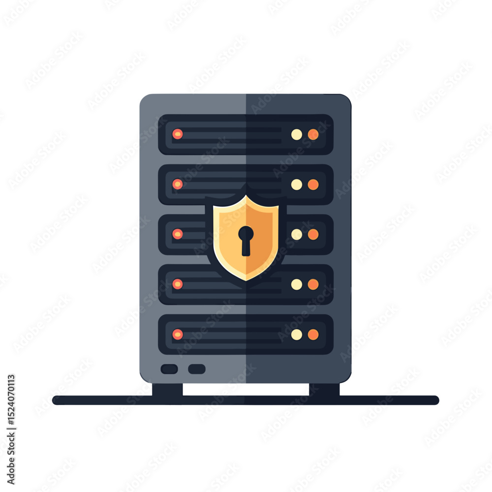 Fototapeta premium Secure Server Rack with Shield and Keyhole Illustration for Data Protection and Cybersecurity