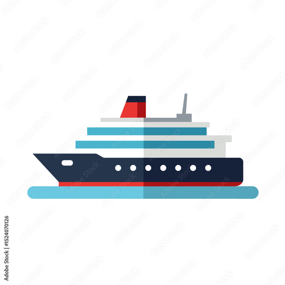 Obraz premium Flat Vector Illustration of a Cruise Ship Sailing on the Water with a Clean Design
