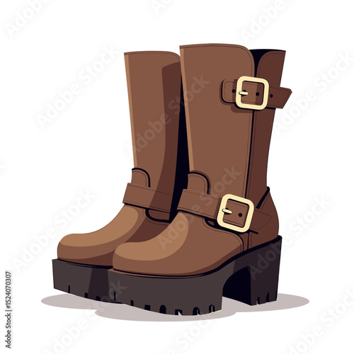Illustration of Brown Platform Boots with Buckles and Thick Soles, Fashionable Footwear