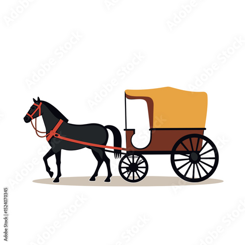 Illustration of a Horse-Drawn Carriage with a Black Horse and Yellow Canopy, a Historical Mode of Transport