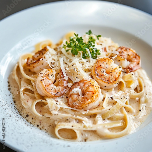 A plate of spaghetti tossed in a light garlic and olive oil sauce, topped with tender, juicy shrimps and garnished with fresh herbs, creating a flavorful and elegant seafood pasta dish.

