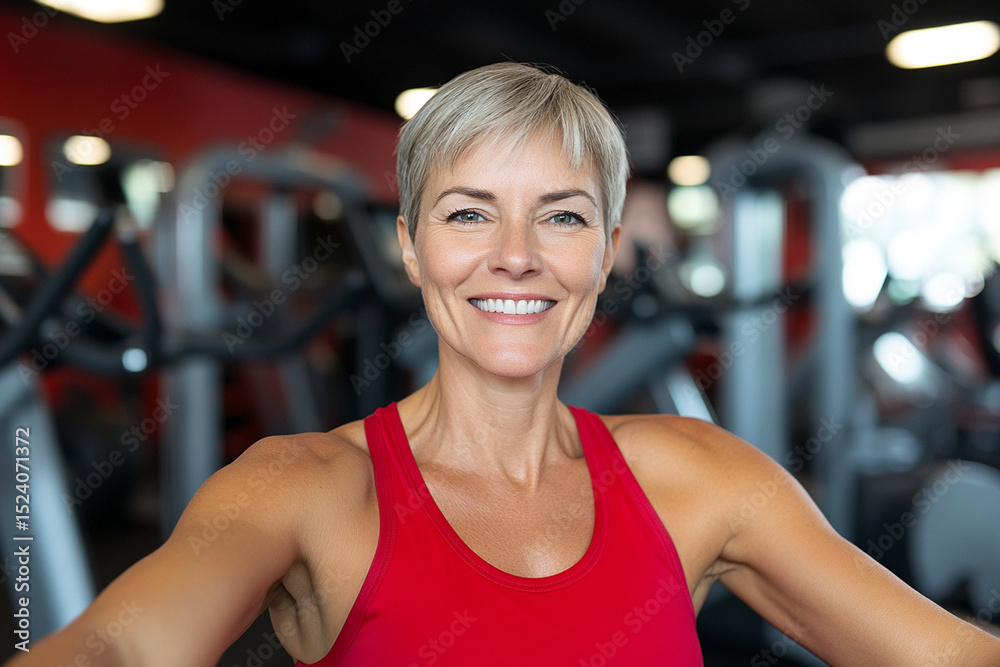 Fototapeta premium Senior woman enjoys a fun selfie at the gym during a workout session
