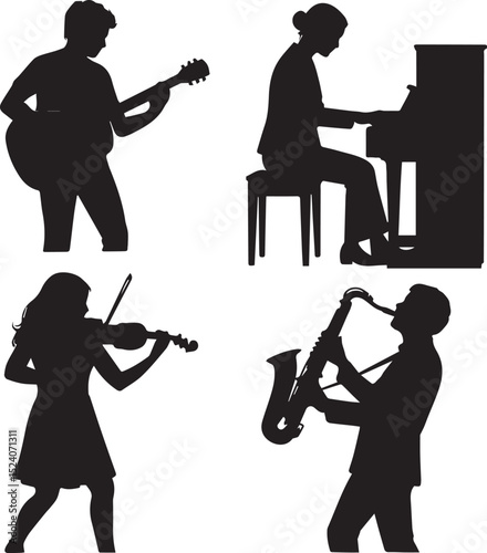 Vector silhouettes of jazz musicians playing instruments like saxophone and trumpet, featuring a man and woman in a band concert illustration