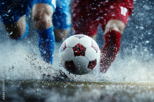 Soccer players clash in the rain for possession on a muddy field