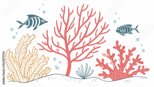 Undersea Wonderland: A colorful illustration showcases an enchanting underwater scene teeming with marine life, evoking a sense of wonder and the magic of the deep blue sea.
