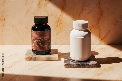 Two Elegant Supplement Bottles Resting on Marble Coasters