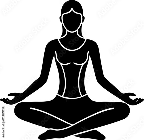 A black and white silhouette illustration of a woman meditating in a yoga pose for wellness and relaxation.