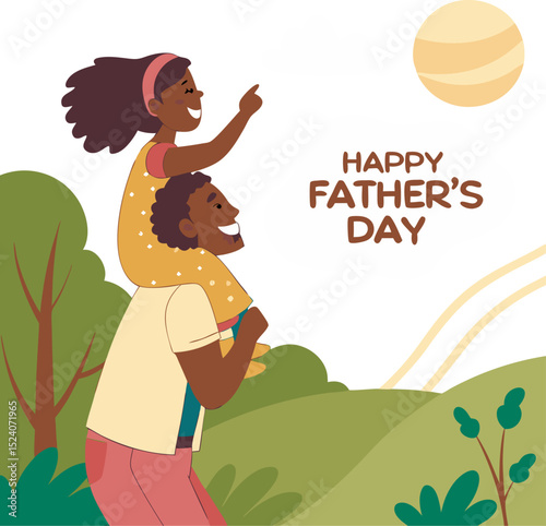 A happy father and daughter enjoy a sunny father's day outing with a joyful outdoor adventure celebrating their bond