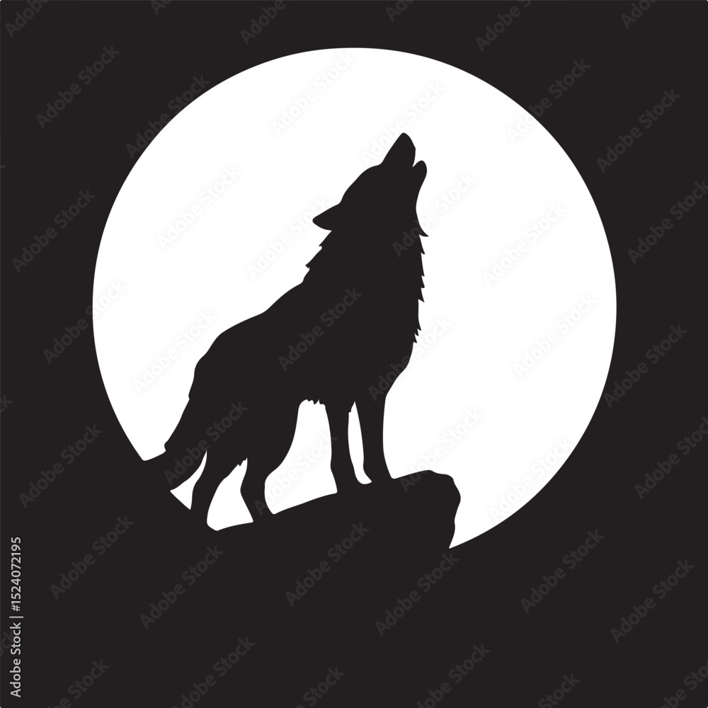 Fototapeta Howling wolf at night, a wild black silhouette against the moon, illustrating the untamed nature of this majestic predator