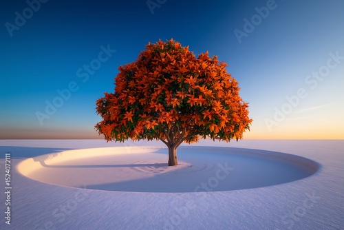 A Solitary Autumn Tree in a Circular Snowdrift Under a Vast Sky