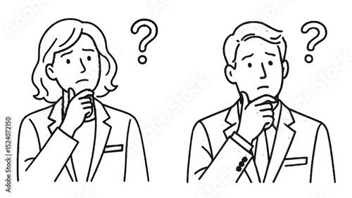 Line vector of Businessman and businesswoman Thinking with Question Mark