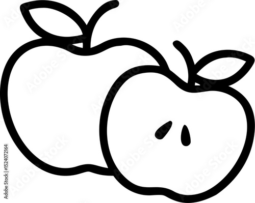 Black outline illustration featuring whole and cut apple fruit pieces with leaves stems and simple line art design for food and health themes