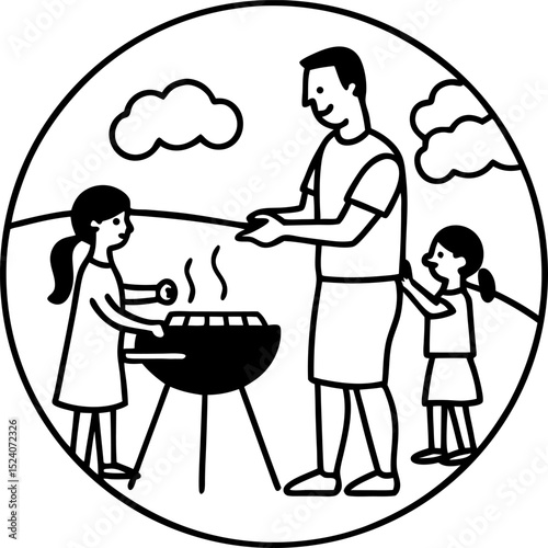 Family enjoying a barbecue outdoors with a father grilling food and two daughters helping in a fun and lively environment