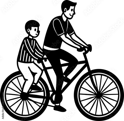 Father and son cycling together illustrating a concept of family bonding and recreational outdoor activity in a vector style