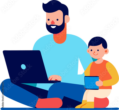 Father and son enjoying time together using a laptop and tablet in a modern flat vector illustration