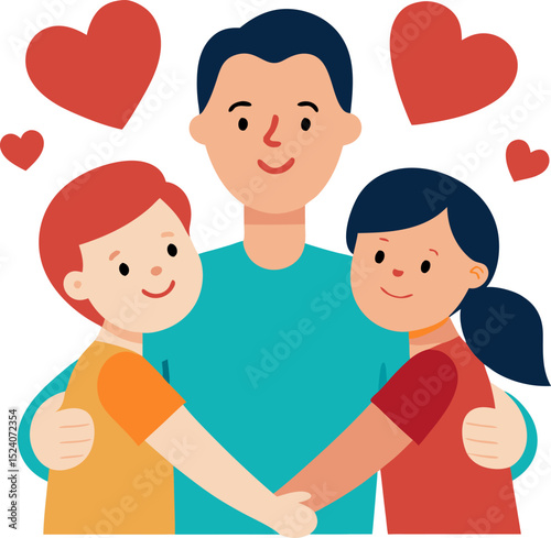 Father embracing his children with love surrounded by hearts representing family togetherness and affection in a heartwarming illustration.
