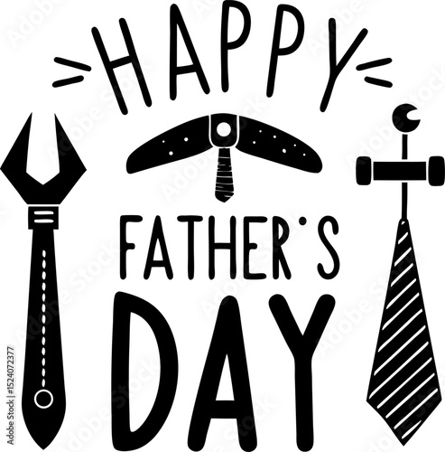 Happy fathers day design featuring tools and ties celebrating paternal figures in minimalist black and white style for holiday cards