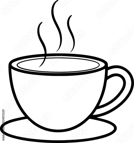 Simple line art illustration of a steaming coffee or tea cup resting on a saucer representing warm drinks