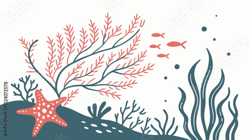Vibrant Undersea Ecosystem: An enchanting underwater world featuring colorful seaweed, delicate coral, and a starfish, with the graceful presence of several fish.