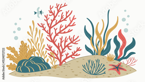 Vibrant Coral Reef Ecosystem: A whimsical illustration of a thriving coral reef ecosystem, alive with colorful coral, seaweed, and a curious fish, evoking a sense of underwater wonder.