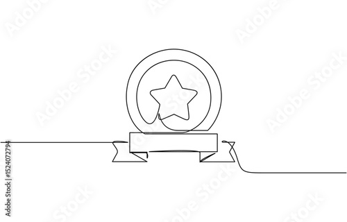 Continuous one line art drawing of champion winner trophy, Award winning ribbon in simple linear style. Editable stroke. Doodle line illustration