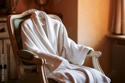 A Luxurious White Bathrobe Draped Elegantly on an Antique Chair