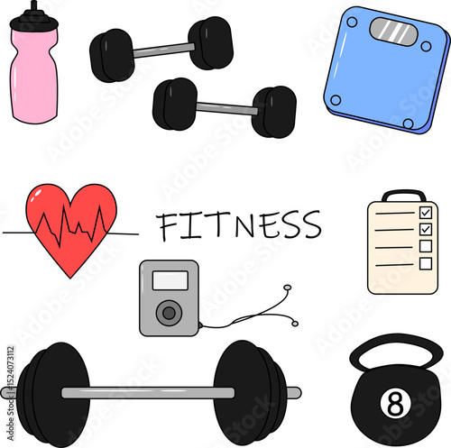 Vector Fitness Equipment Illustration Set with Dumbbells, Kettlebell, Heartbeat, Water Bottle, Barbell, Scale, and Workout Accessories for Gym and Healthy Lifestyle Design Projects