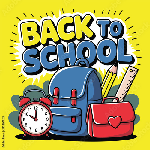 Back to School Supplies Cartoon Colorful Backpack, Alarm Clock, Pencil
