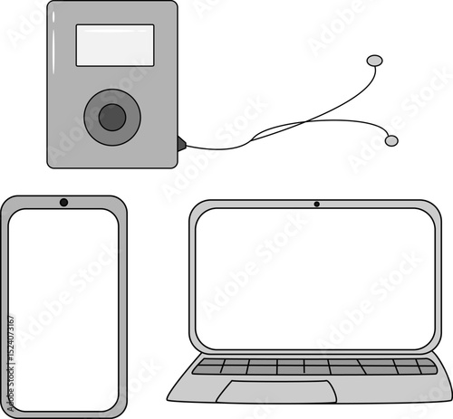 Modern Gadgets Vector Illustration Featuring Laptop, Smartphone, and Music Player – Digital Device Clipart for Tech, Media, and UI Design Projects