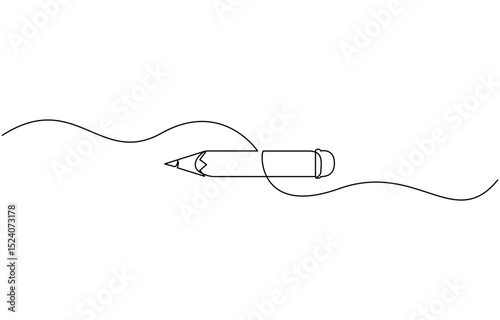 One continuous line drawing of pen writing thin stroke. Pencil symbol of study and education concept in simple linear style,  outline, banner in minimalism style.